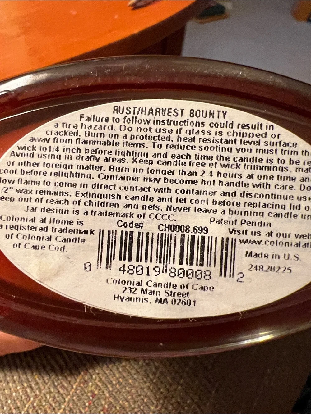 Colonial at Home Harvest Bounty - Jar Candle Never Burned